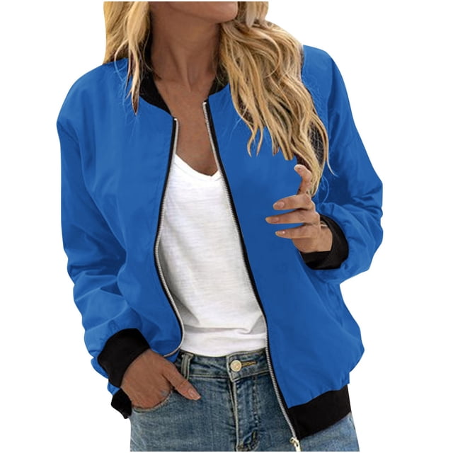 Womens Fashion Jacket Casual Stand Collar Zip Up Lightweight Coat Fall Color Block Jackets with Pockets Blue XXXXXL