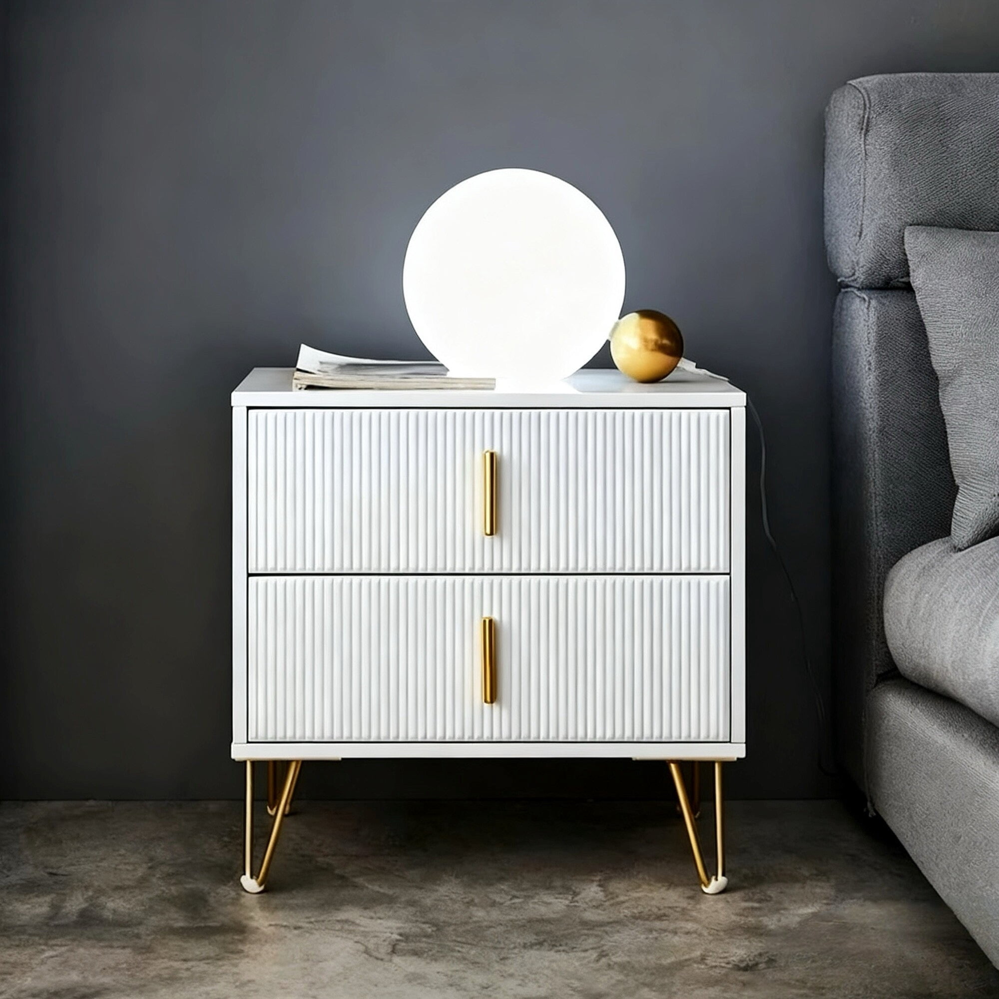 GStone Modern Nightstand High Glossy Finsh with 2 Deep Drawers Easy to Clean, Bedside Table with Fluted Panel, Soild Metal Handles & Legs, End Table for Bedroom or Living Room
