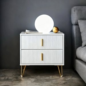GStone Table de chevet moderne High Glossy Finsh avec 2 Tiroirs profonds Facile à nettoyer, Table de chevet avec panneau fluté, Poignées métalliques souillées & Jambes, table de fin pour chambre ou salon