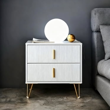 GStone Modern Nightstand High Glossy Finsh with 2 Deep Drawers Easy to Clean, Bedside Table with Fluted Panel, Soild Metal Handles & Legs, End Table for Bedroom or Living Room