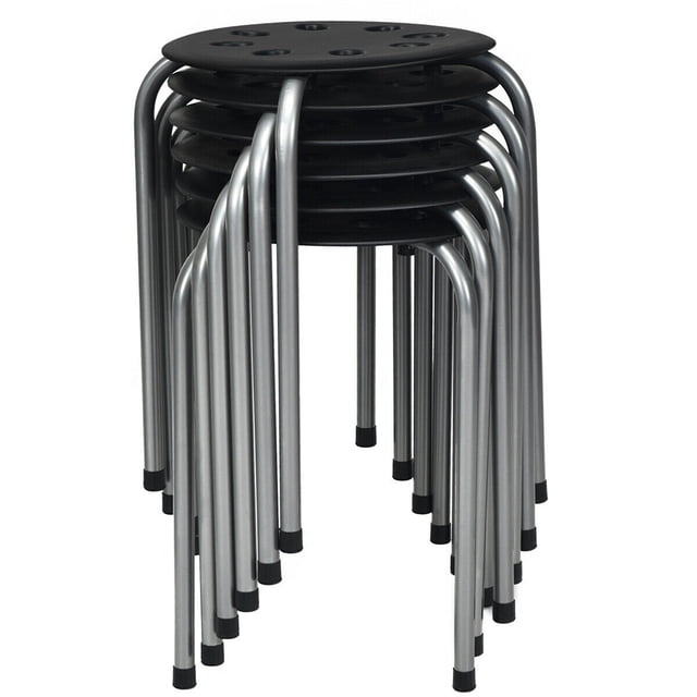 Gymax Set of 6 Portable Plastic Stack Stools Backless Classroom Seating in black and gray, ideal for classroom, home, or office use. Features include a sturdy steel frame with painted finish, X-shaped brace for stability, stackable design for space-saving storage, and PP seat with 8 ventilation holes. Each stool has non-slip foot pads for floor protection and supports up to 220 lbs.