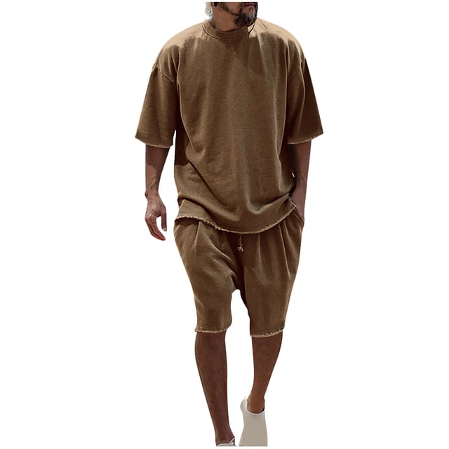 TIMIFIS Ensembles Courts 2 Pcs pour Hommes Tenues Chemises d'Été et Shorts Mode Décontractée Couleur Unie Manches Courtes Col Rond Blouses Chemises Ensembles Automne