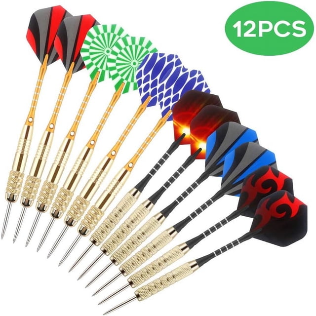 Champion's Choice: Steel Tip Darts with Aluminum Shafts, featuring a set of 12 darts with customizable flights, shafts, and barrels for personalized gameplay. The darts include professional-grade hard steel tips for precise dartboard penetration and enhanced grooves for superior grip and control. The set comes with a dart sharpener to maintain tip sharpness and ensure optimal performance. The vibrant dart flights showcase various patterns, including red flames, blue geometric designs, and green spirals, adding a stylish touch. Ideal for both beginners and experienced players, this set is also gift-worthy for darts enthusiasts.