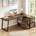 thumbnail image 1 of Fnova 53.15" L-shaped Computer Desk with 3 Drawers, Wood Tabletop, Metal Frame Office Desk, Brown, 1 of 13