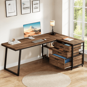 Fnova 53.15" L-shaped Computer Desk with 3 Drawers, Wood Tabletop, Metal Frame Office Desk, Brown