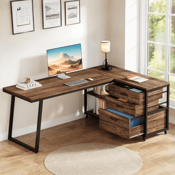 Fnova 53.15" L-shaped Computer Desk with 3 Drawers, Wood Tabletop, Metal Frame Office Desk, Brown