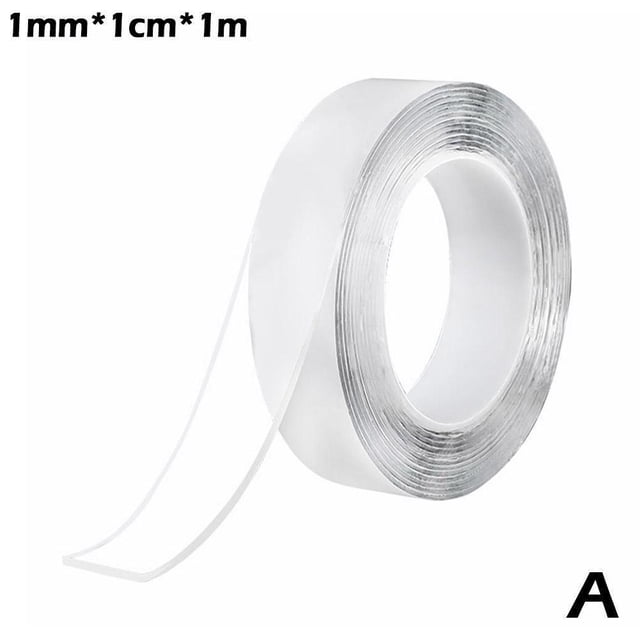 Heavy-Duty Mounting Solution - Double Sided Tape for Securing Objects Without Damage. A roll of clear, super strong double-sided tape made of PU gel, measuring 1mm in thickness, 1cm in width, and 1m in length. The tape is washable, reusable, and designed for versatile applications such as mounting pictures, posters, hooks, and decorations. It is eco-friendly, easy to install, and leaves no damage on surfaces.