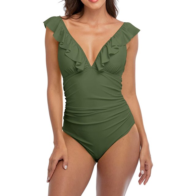 Womens Ruffle One Piece Swimsuits V Neck Ruched Monokini Bathing Suits