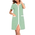 thumbnail image 1 of Peignoir Femme à Fermeture Éclair devant, Manches Longues, Rayé, Robe de Chambre Zippée Courte avec Poches, Vert m, 1 of 5