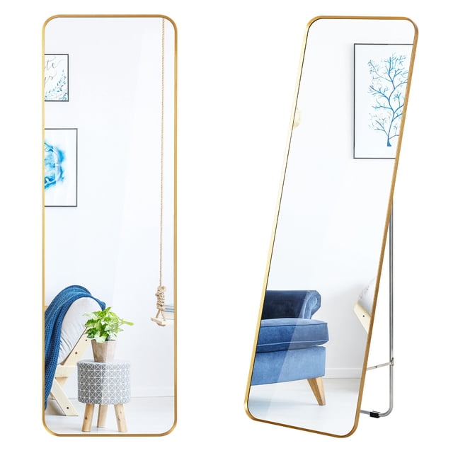 Gymax Miroir Pleine Longueur Mural Suspendu avec Support Miroir Autoportant pour le Corps Doté d'Un Cadre en Acier Doré et d'Un design à Lunette Étroite. le Miroir Est Présenté comme un Miroir Autoportant sur Pied avec un Support Rétractable et comme Miroir Décoratif Mural. Il Offre une Vue Complète du Corps et Comprend un film Antidéflagrant pour la Sécurité. Idéal pour les Chambres, les Salons Ou les Couloirs.