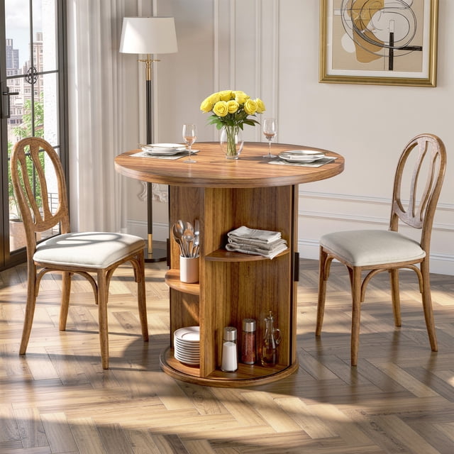 Hawsaiy Table à Manger Ronde de 31,5 Pouces pour 2 avec Base de Rangement à Porte Coulissante, Dessus en Bois Imperméable et Résistant aux Rayures Gain de Place, Table de Cuisine Style Ferme Moderne, Noyer
