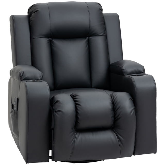 HOMCOM Chaise de Massage par Vibration à 8 points Recliner pour Salon en Cuir PU Noir. Comprend Huit points de Vibration Ciblant le Dos, la Taille, les Cuisses et les Jambes, une Inclinaison Manuelle jusqu'à 145° avec un Repose-Pieds Rétractable, et un Siège Pivotant et Berçant à 360°. Comprend Deux Porte-Gobelets, des Poches Latérales et une Télécommande pour le Contrôle du Massage. Dimensions : 35,8 Pouces de Large, 38,2 Pouces de Profondeur et 39,4 Pouces de Hauteur en Position Verticale. Capacité de