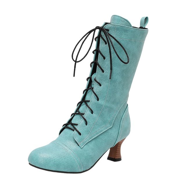 LOVZFMLL Bottes pour Femmes Bottes Chelsea Mi-Mollet à Lacets Bout Rond Sangles Ajustables Talon Évasé Moyen Bottes Mode Automne Hiver