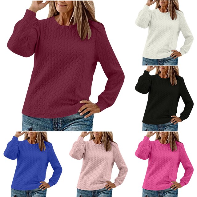 WRKEKC T-Shirts à Manches Longues pour Femmes, Hauts d'Été pour Femmes, Hauts Décontractés Unis à Texture Torsadée Col Rond Manches Longues