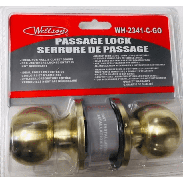Wellson WH-2341(GOLD) Passage Lock featuring a polished gold finish, designed for hall and closet doors where locked entry is not required. The lock includes two rounded brass knobs and is packaged in a clear plastic casing with red and black branding. Suitable for doors with a backset of 60mm to 70mm and fits door thicknesses of 35mm to 50mm. Ideal for residential use and easy to install with included instructions.