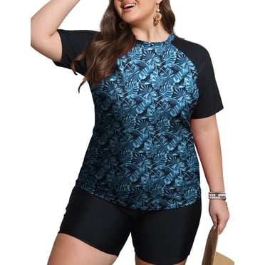 FOLUNSI Womens Plus Swimsuits 2 Piece Rash Guard Raglan Short Sleeve with Boyshorts Surfing Swimwear 0X-5X