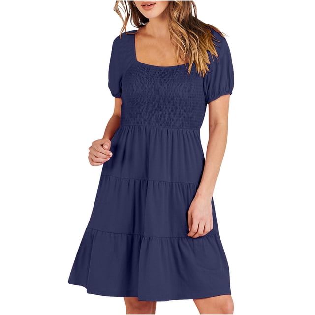 AherBiu Robe Bohème pour Femmes à Manches Courtes, Col Carré Smocké, à Volants Superposés, Fluide, d'Été, de Plage