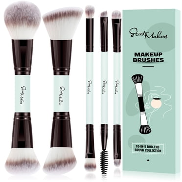 Makeup Brushes Duo End Foundation Powder Buffer and Contour Brush Synthetic Cosmetic Tools 5Pcs (Blue)