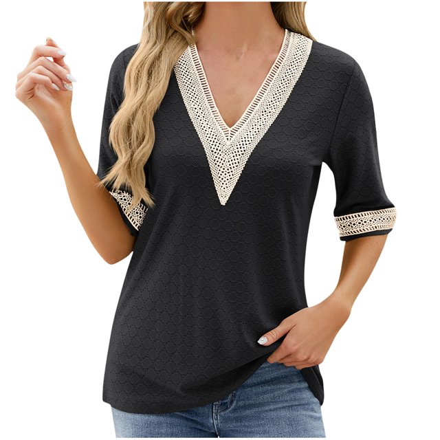 Timegard Hauts pour Femmes Manches Mi-Longues en Broderie Anglaise Col en V Ample Été Plage Tunique Décontractée pour Porter avec des Leggings