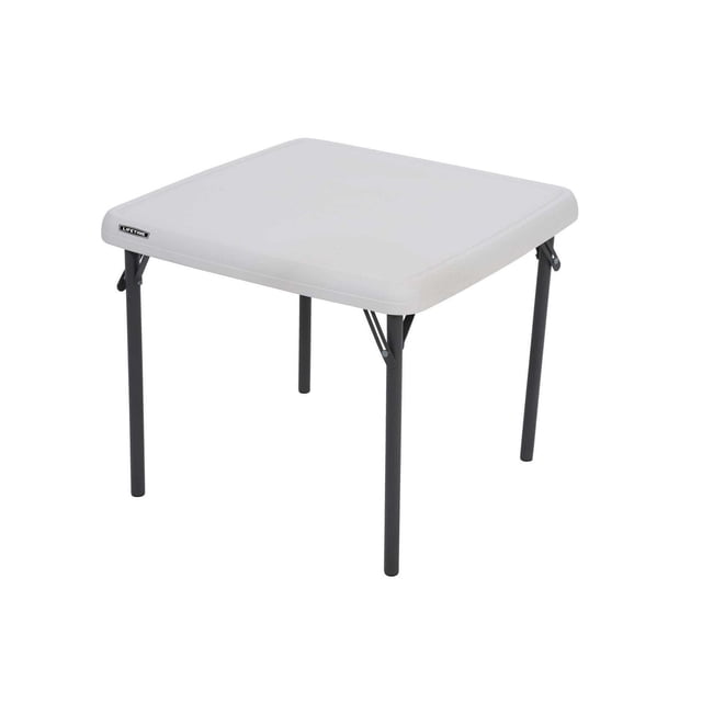 LIFETIME Children's Square 24" Foldable Table with a white stain-resistant high-density polyethylene top and rust-resistant black powder-coated steel folding legs, lightweight and durable for indoor and outdoor use, ideal for children ages 3 to 9 and suitable for crafts, snacks, or playtime.