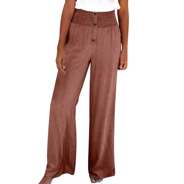 VEKDONE Casual Pants for Women Elastic High Waisted Palazzo Pants Solid Color Stretchy Wide Leg Pant with Pockets Lounge Vacation Long Pants Brown M