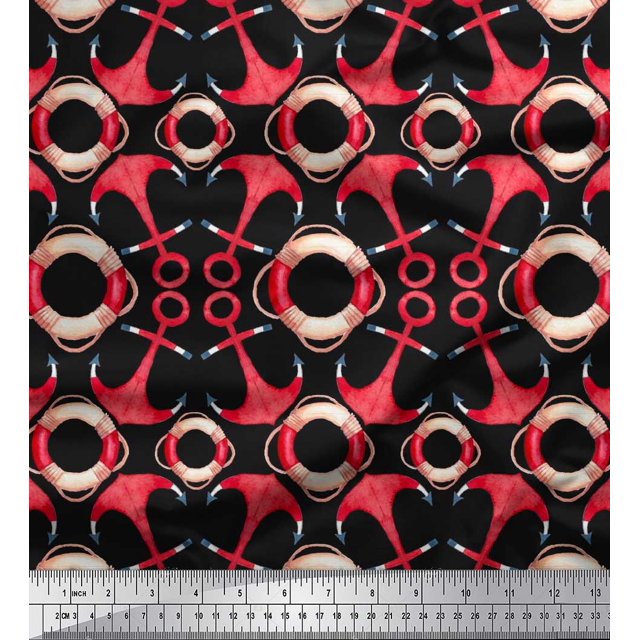 Soimoi Black Rayon Fabric Life Ring & Anchor Hook Nautical Decor Fabric Printed Yard 56 Inch Wide