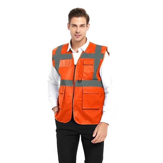 TOPTIE 5 Pockets High Visibility Safety Vest with Reflective Strips, Working Uniform Vest-Neon Orange-M