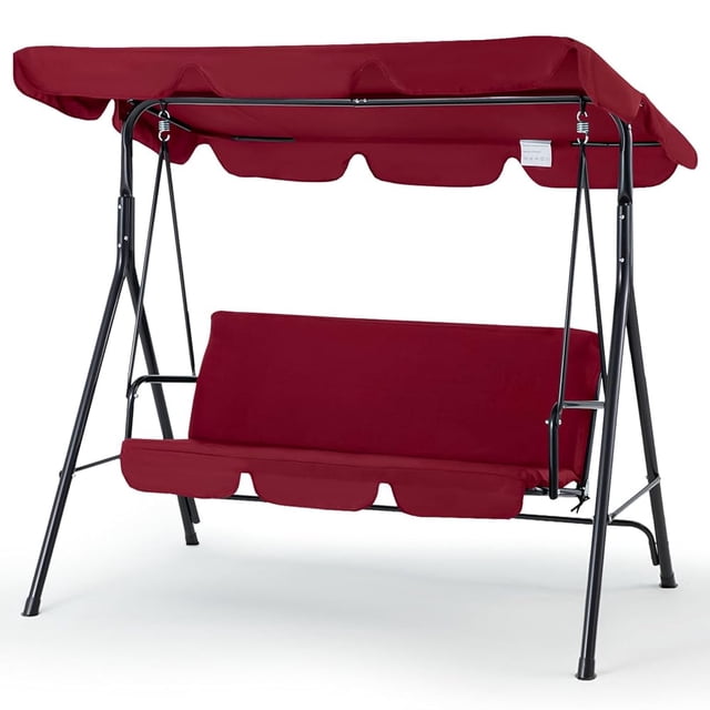 YODOLLA Stainless Steel Porch Swing in red with a powder-coated steel frame and adjustable canopy. The swing features a detachable polyester cushion and canopy, anti-skid foot pads, and a heavy spring structure for smooth rocking. Dimensions: 67.7 inches long, 44 inches wide, and 59 inches high. Suitable for outdoor use on patios, decks, or poolside.