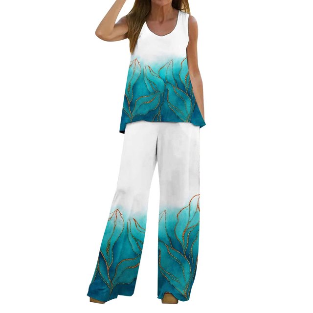 Mikilon Ensemble Stylé pour Femmes 2 Pcs Décontracté Ample Imprimé Gilet Pantalon Long Sans Manches Col Rond Haut/chemise Ensemble Bleu Clair-B TP