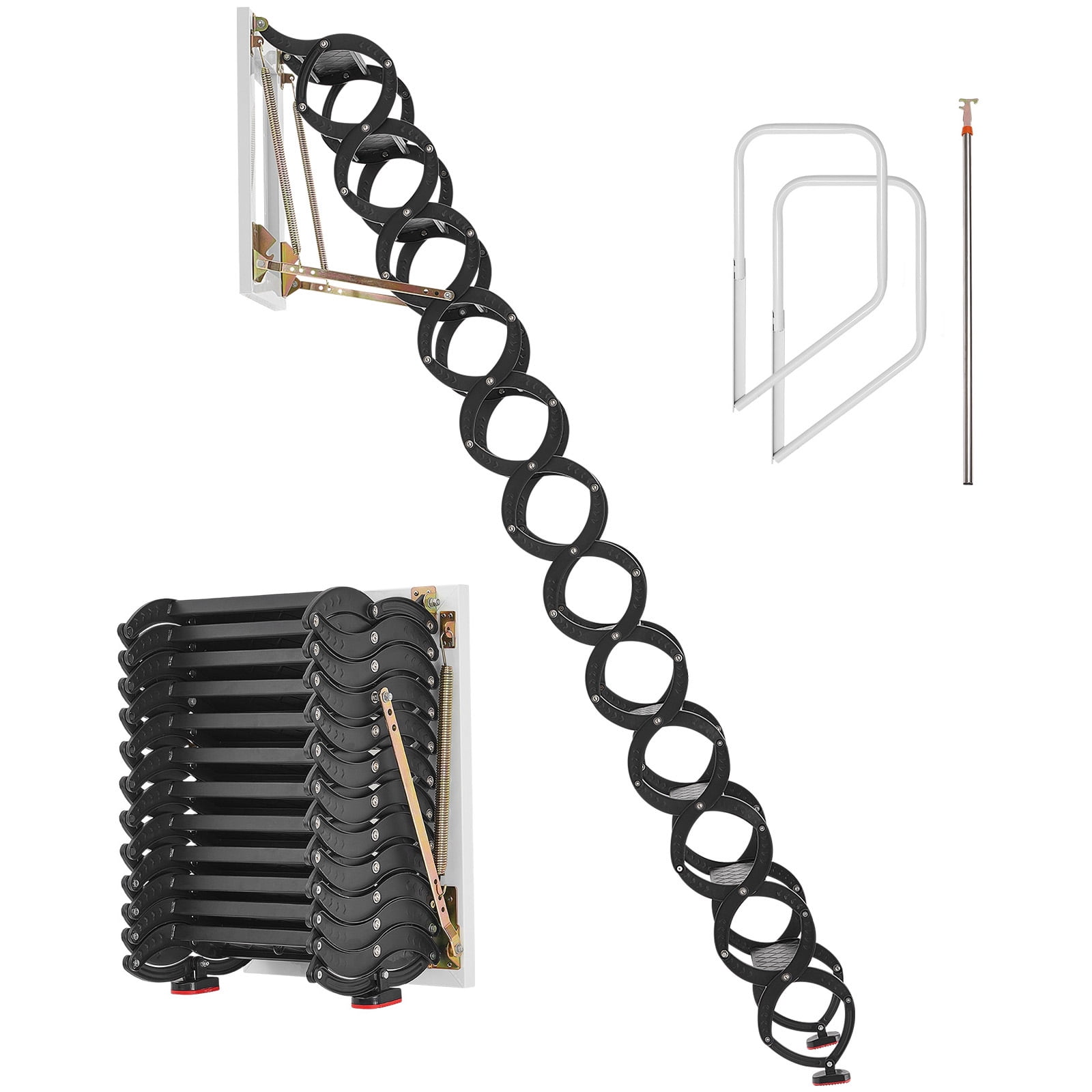 KFFKFF Attic Ladder Wall-Mounted, 660LBS/299.4KG Capacity, Fits 9.5 to 10 ft Ceiling Height, 12-Step Steel Folding Stairs with Handrails