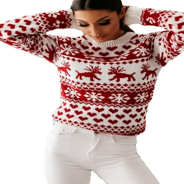 Womens Christmas Ugly Sweater Snowflake Elk Long Sleeve Knitted Pullover Sweater