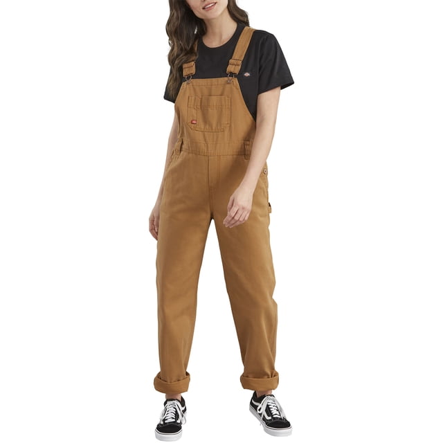 Dickies Womens Relaxed Fit Straight Leg Bib Overalls, L, Rinsed Brown Duck