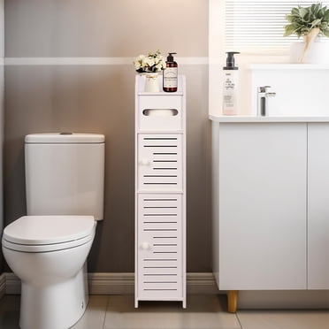 YOYTOO Armoire de Rangement de Salle de Bain avec Portes et Étagères, Support Autoportant pour Papier Hygiénique, Organisateur sur Pied pour Petits Espaces, Blanc