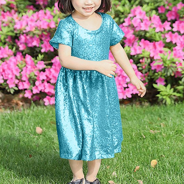 LOVZFMLL 3-8year Kid's Fashion Solid Color Sequin Zipper Short Sleeved Round Neck Dress