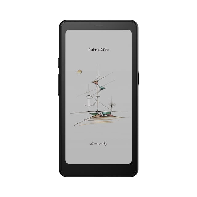 BOOX 6.13" Palma 2 Pro - Black e-reader with 6.13" Kaleido 3 color E Ink display and adjustable warm/cold front light, fingerprint power button, 16MP camera with flash, USB-C OTG, dual-band Wi‑Fi, Bluetooth 5.1, Android 15 with 8GB RAM/128GB storage; lightweight 170g design often used for reading, note-taking and quick document scanning.