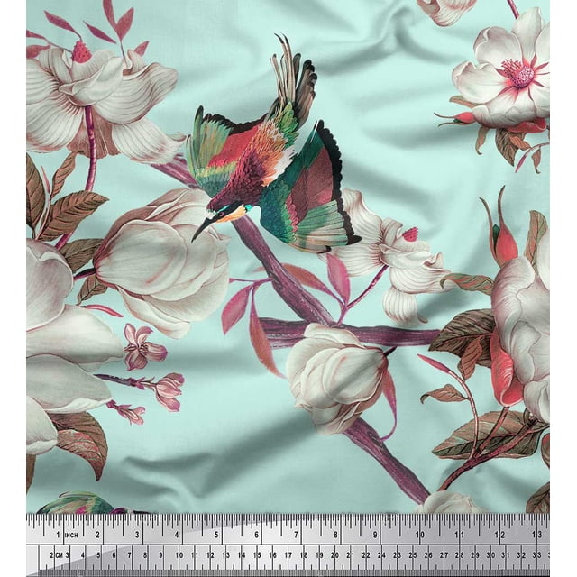 Soimoi Green Poly Georgette Fabric Floral & Bird Decor Fabric Printed Yard 42 Inch Wide