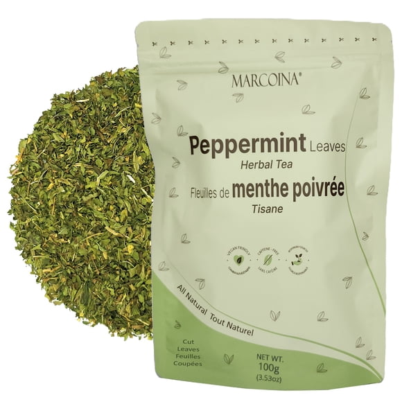 Peppermint Herbal Tea 100g by MARCOINA - Cut Leaves, Loose, Caffeine-Free (3.53 oz)