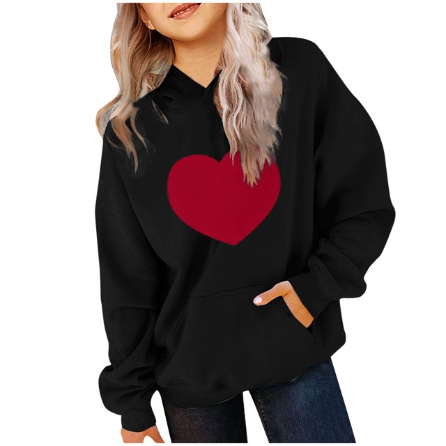 Milgrthf Chandails à Capuchon et Chandails Molletonnés pour Filles avec Écusson en Forme de Cœur, Épais, Manches Longues, Col Ras du Cou, Chandail à Capuche à Enfiler pour Préadolescente, Noir, 13 Ans