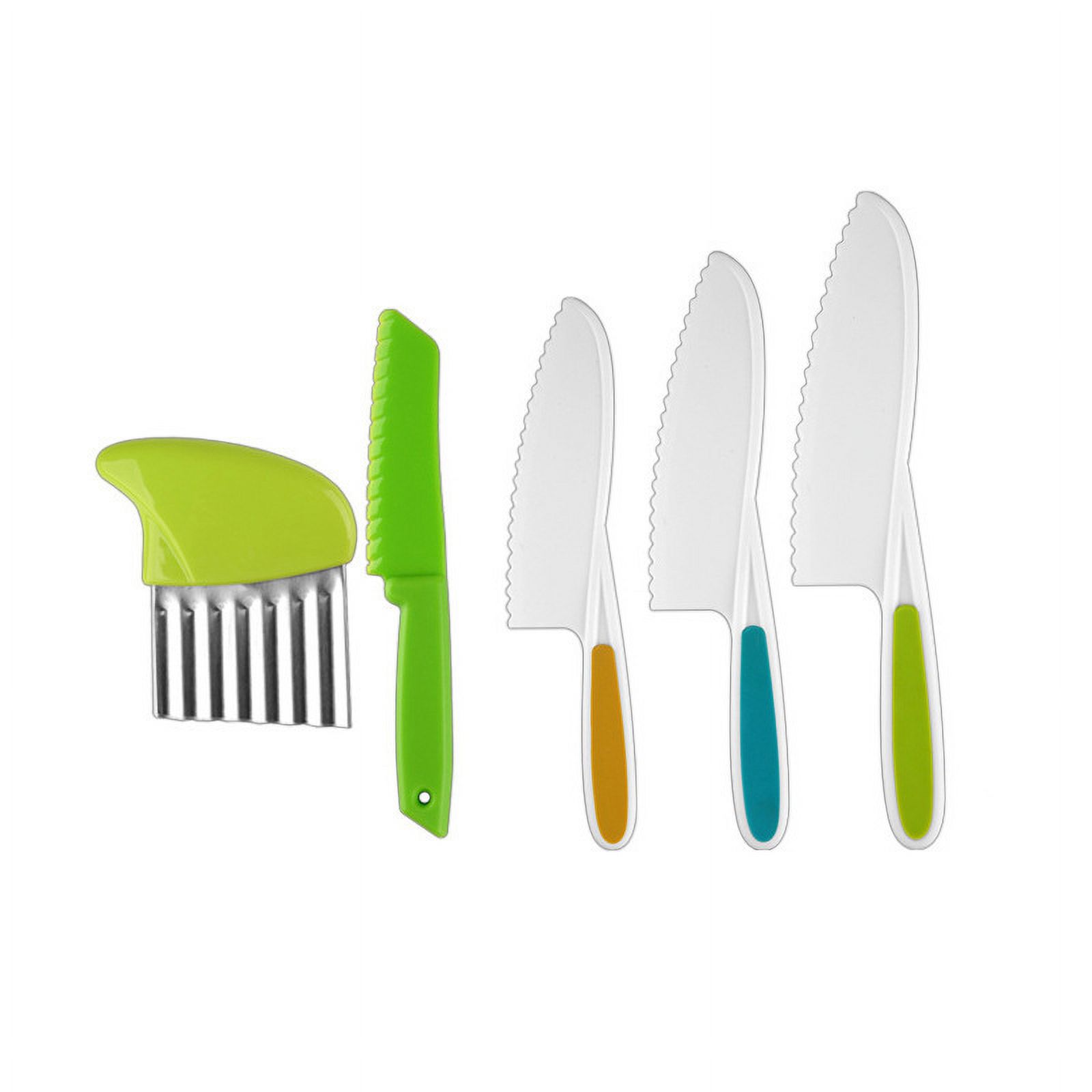 Kids Knife Set 5 Pcs Toddler Safe Knives Plastic Child Friendly Knife with Crinkle Cutter BPA-Free Serrated Edges Kitchen Tools
