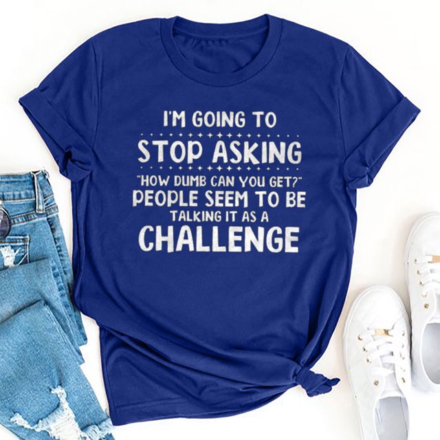 RXIRUCGD Hauts de Sortie pour Femmes Mode Été Décontracté Col Rond Imprimé Lettre Manches Courtes T-Shirt Chemises Femmes Bleu