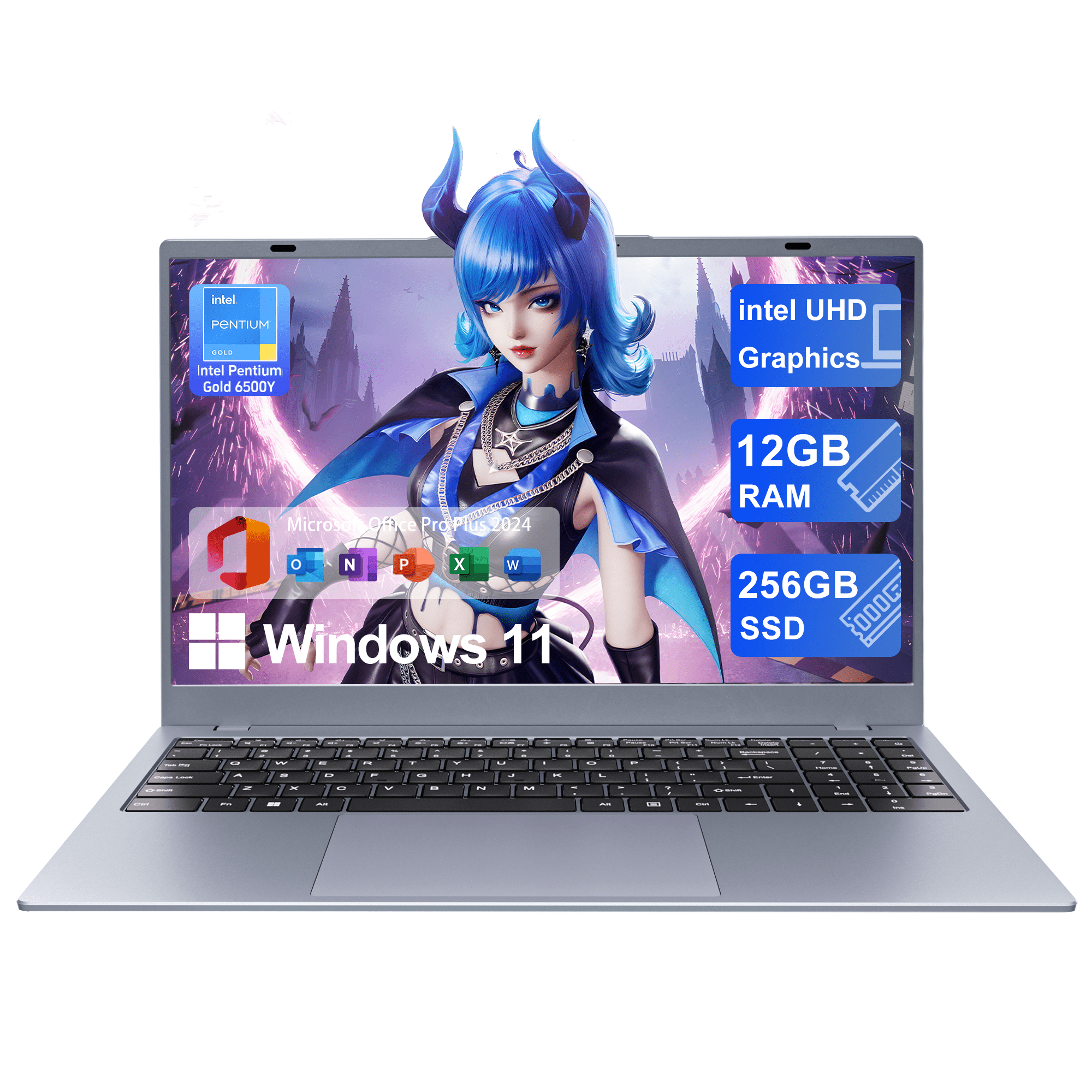 RNRUO 15.6" Laptop with Windows 11, 12GB RAM 256GB SSD, Intel 6500Y Processor, FHD Screen Full Size Keyboard, Office 2024 Included, Portable Laptop for Students and Home Use, Silver