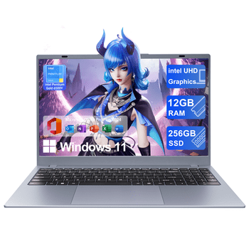 RNRUO 15.6" Laptop with Windows 11, 12GB RAM 256GB SSD, Intel 6500Y Processor, FHD Screen Full Size Keyboard, Office 2024 Included, Portable Laptop for Students and Home Use, Silver