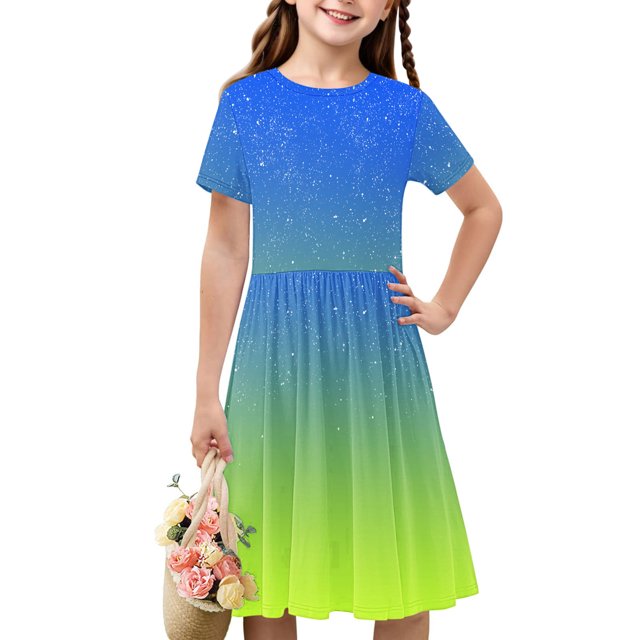 Soldes de Liquidation Aujourd'hui Offres Iumwxz Robe Décontractée Trapèze Robe Tunique pour Adolescentes Robe Col Rond Imprimé Dégradé Manches Courtes Robes pour Adolescentes Robe Élégante pour Fête des Fêtes 4-14a