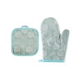 thumbnail image 2 of Heat Resistant Kitchen Gloves and Mat Set, Cotton Polyester Oven Mitts with Hanging Hook, High Temperature Protection for Baking Cooking Microwave, 10.2x4.7 inches, Available in Green Blue, 2 of 6