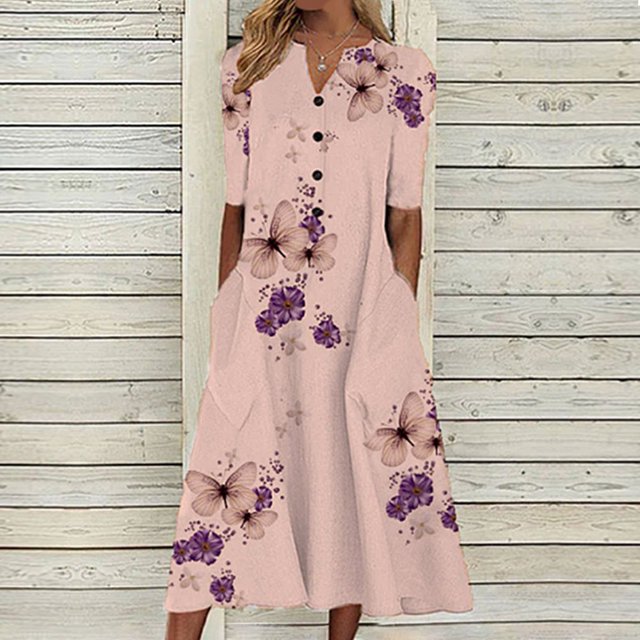 Robe de Plage Femme Décontractée à Manches Courtes Robes Taille Empire Robe sous le Genou Poches