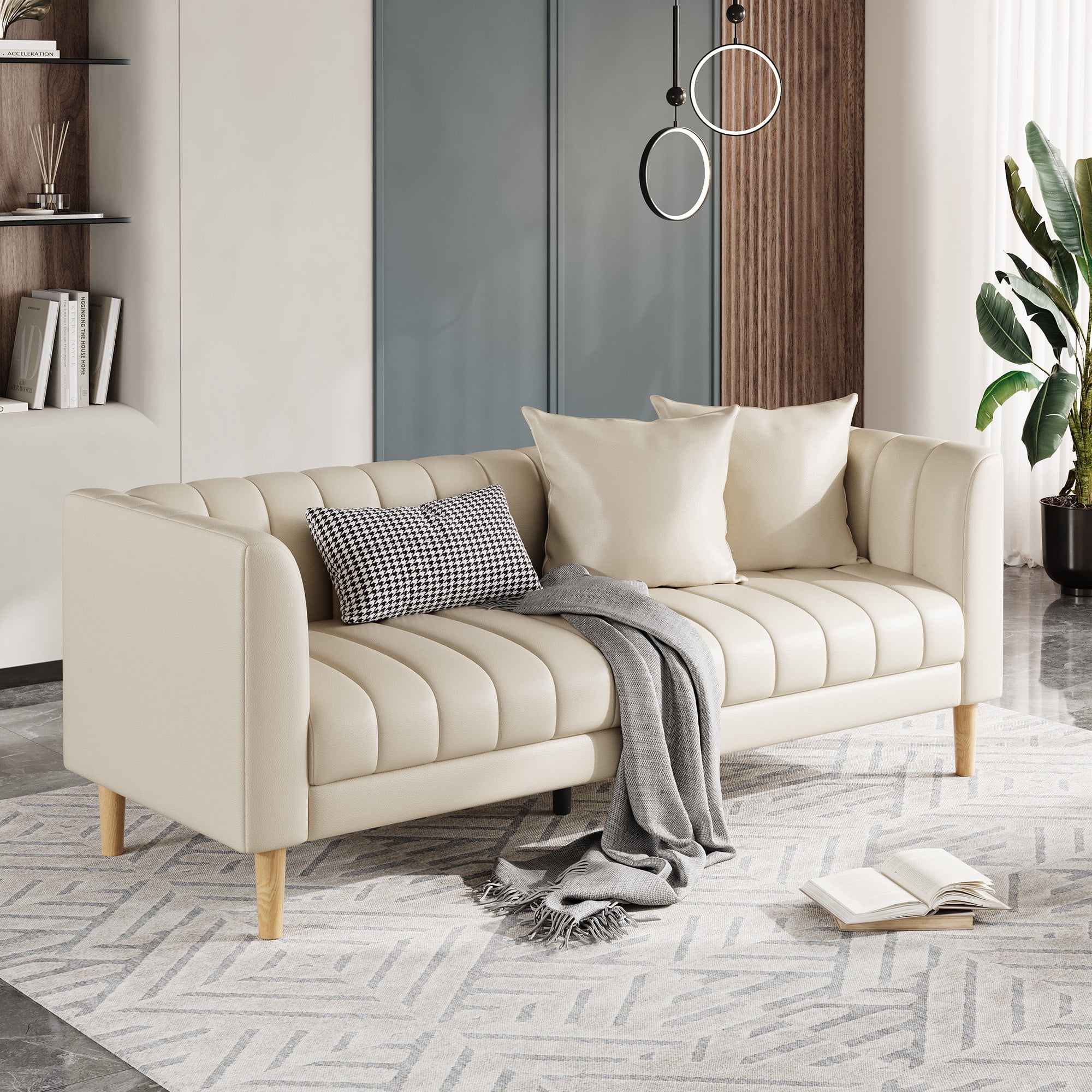 3 Seater Sofa with 2 Throw Pillows and Wood Legs, 83" W Sofas Couches for Living Room