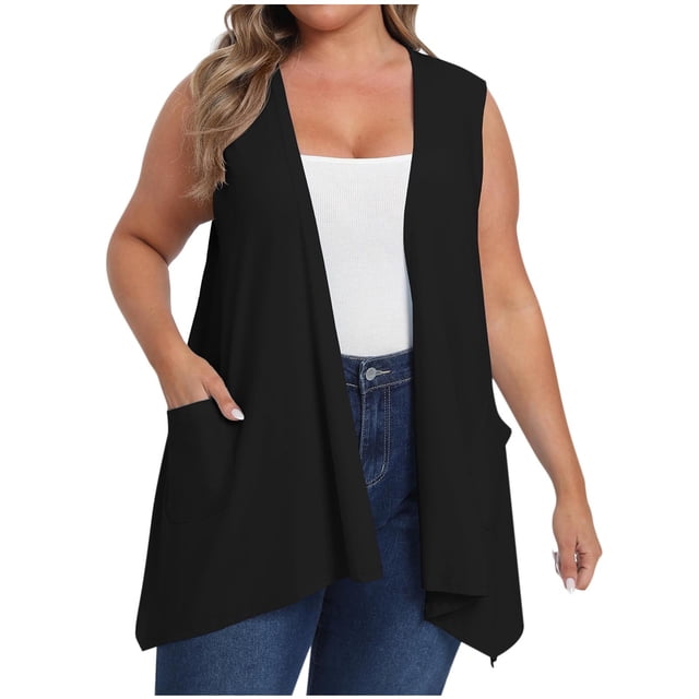 Ladies Shrugs Sweaters Plus Size Women Sleeveless Cardigan Open Front Lightweight Coat Draped Solid Color Long Vests with Pockets Black XXL