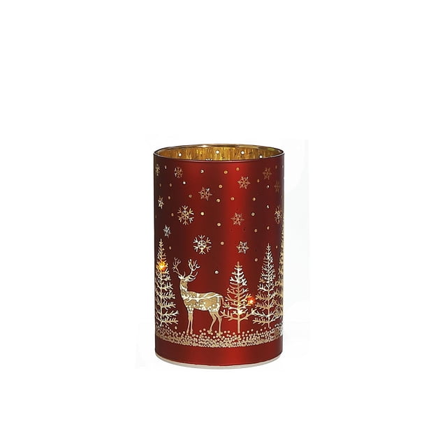 Chandelier Décoratif Cylindrique Rouge avec des Découpes Dorées d'Un Renne, de Pins et de Flocons de Neige, Doté d'Un Intérieur Réfléchissant Doré Qui Rehausse un Éclairage Festif Chaleureux, Idéal pour la Déco des Fêtes.