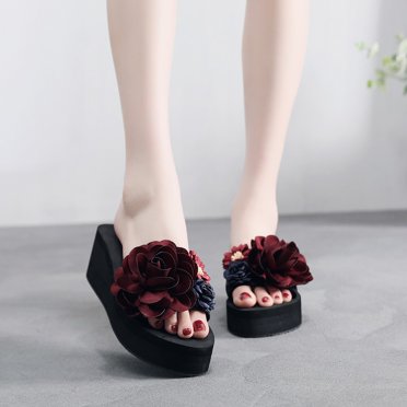 LSLJS Slippers for Women, Fashion Flower Women Slip-On Open Toe Wedges Heels Causal Slipper Slides Shoes