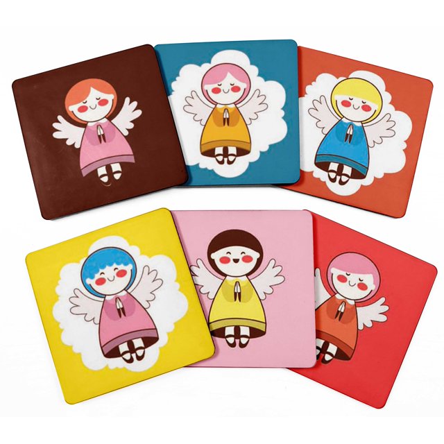 Inkdotpot Set of 6 Drink Coasters DecorativeNon,SlipCork Base4-inch Square PrintedCoastersEasy Clean- Angels